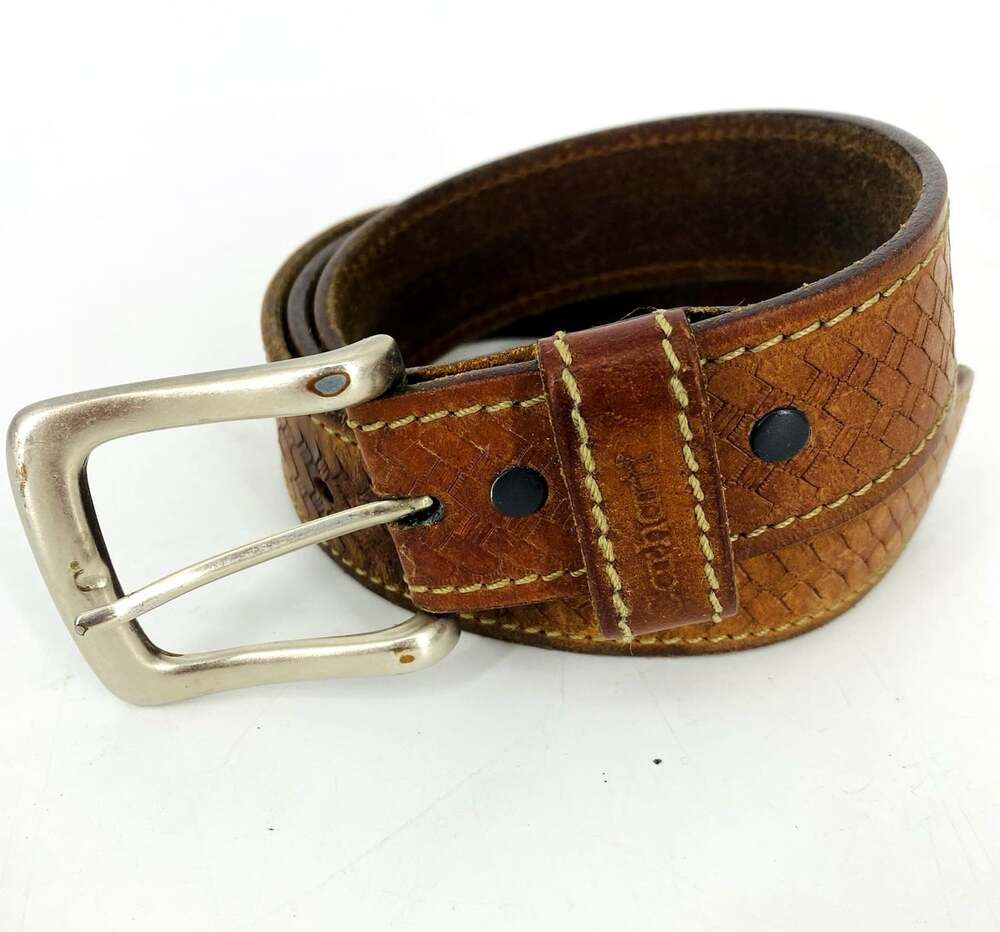 Carhartt Brown Leather Belt Woven Look Silver Buckle Large 43-47 Men's Utility